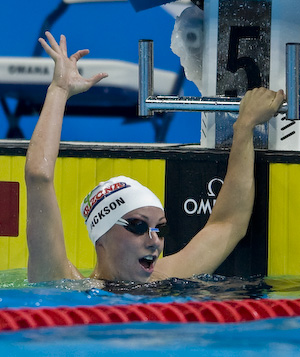 Lara Jackson sets a new American record in the 50 meter freestyle.