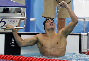 Ryan Lochte celebrates his win in the 200 backstroke at the Beijing Olympics